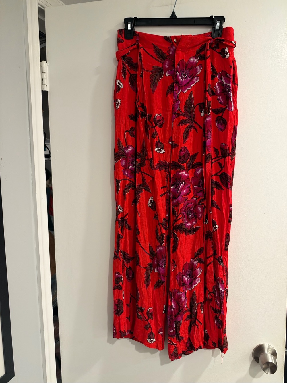 Anthropologie Red Floral Wide-Leg Flowing Pants with Purple Floral Accents
